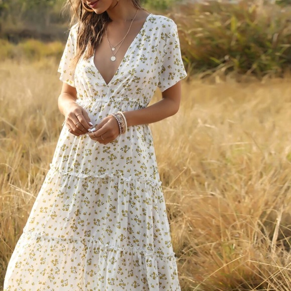 BOHO v neck floral print  side slit maxi dress - Picture 10 of 10